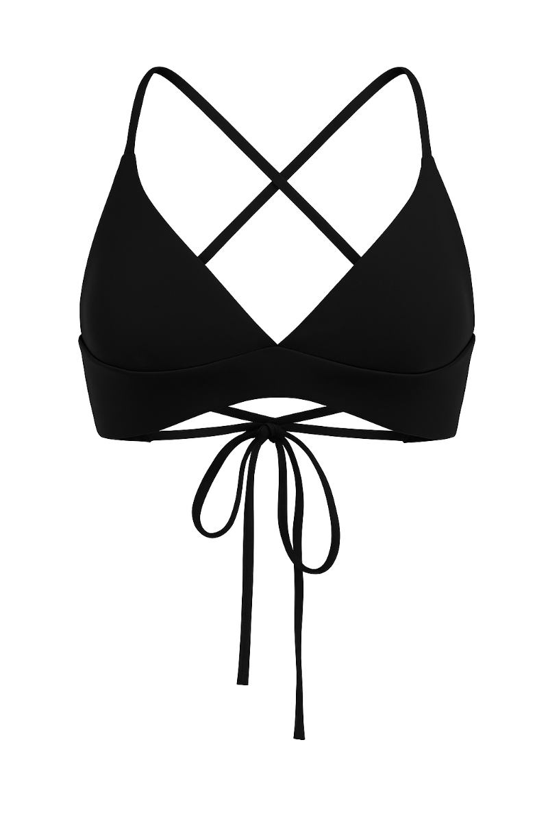 Czarna góra od bikini Franka K model Praia z krzyżującymi się paskami na plecach.