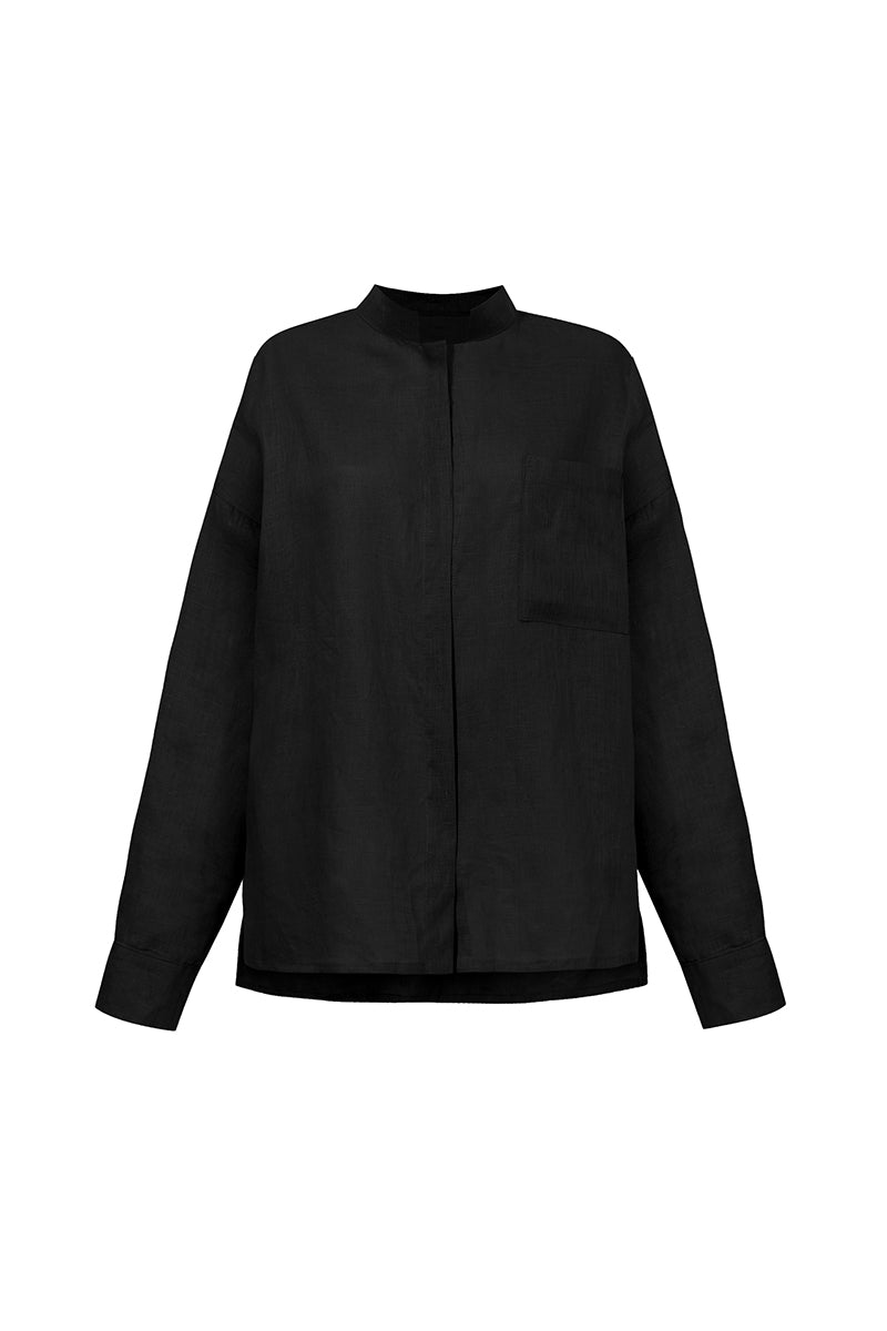 Lniana koszula Franka K model Dune w kolorze czarnym, o swobodnym kroju i naturalnej teksturze.