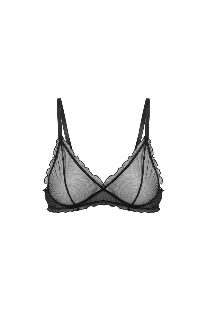 Czarna półprzezroczysta braletka Franka K model Livia z miękkimi miseczkami i delikatnym tiulem.