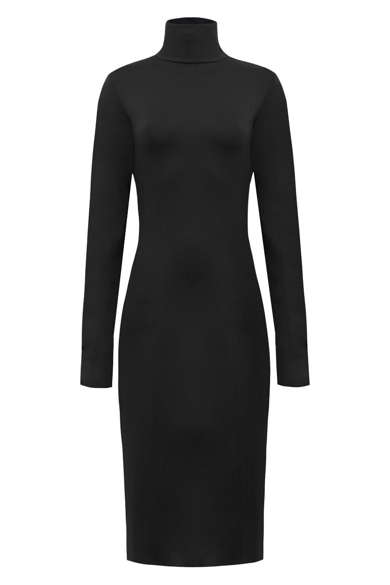 Dopasowana sukienka Franka K model Tilda w kolorze czarnym, z golfem i minimalistycznym krojem.