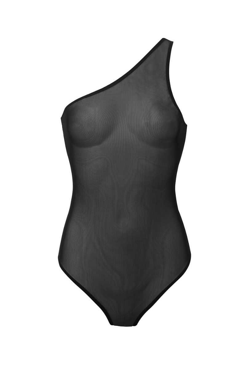 Asymetryczne body Franka K model Aurora w kolorze czarnym, z transparentnej siateczki i dopasowanym krojem.
