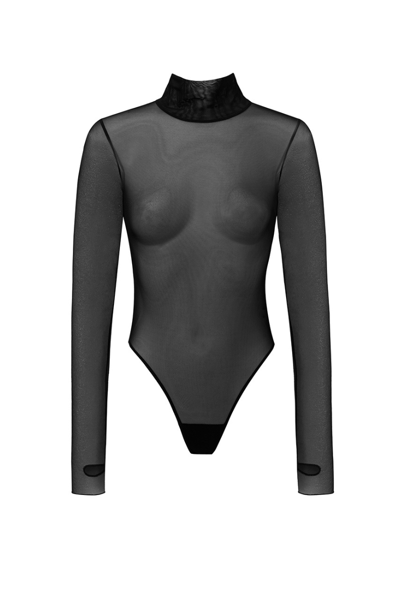 Body Franka K model Aurora w kolorze czarnym, z transparentnej siateczki, z długim rękawem i półgolfem.