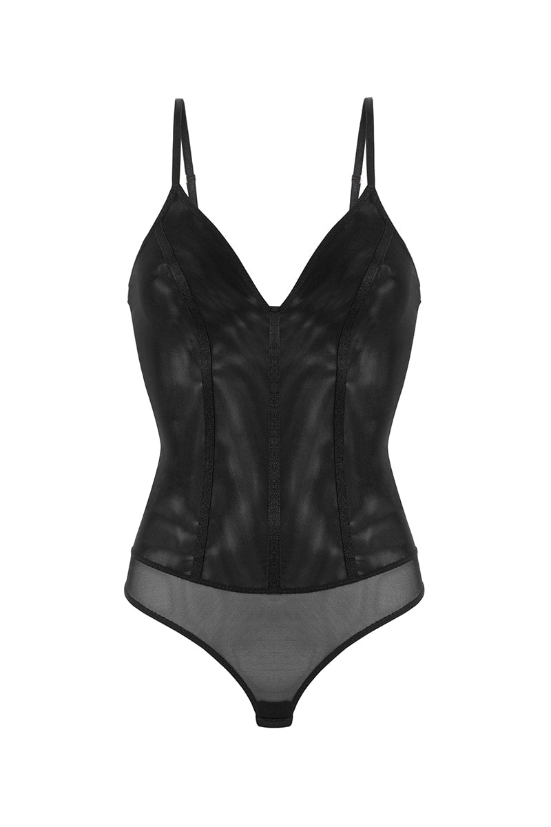 Przezroczyste body Franka K model Kate w kolorze czarnym, wykonane z delikatnej siateczki, z cienkimi ramiączkami i dekoltem eksponującym biust.