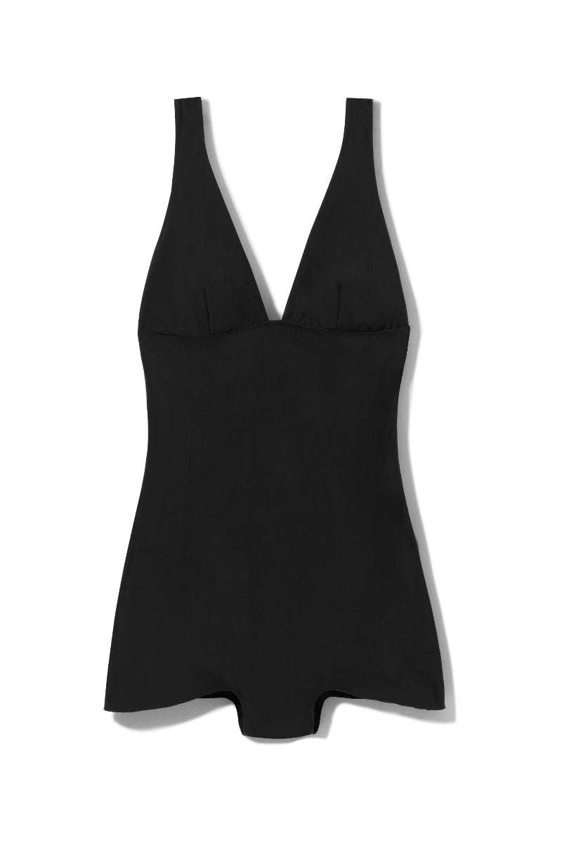 Body Franka K o linii retro w kolorze czarnym, z głęboko wyciętym dekoltem i odkrytymi plecami, o eleganckim i kobiecym kroju.