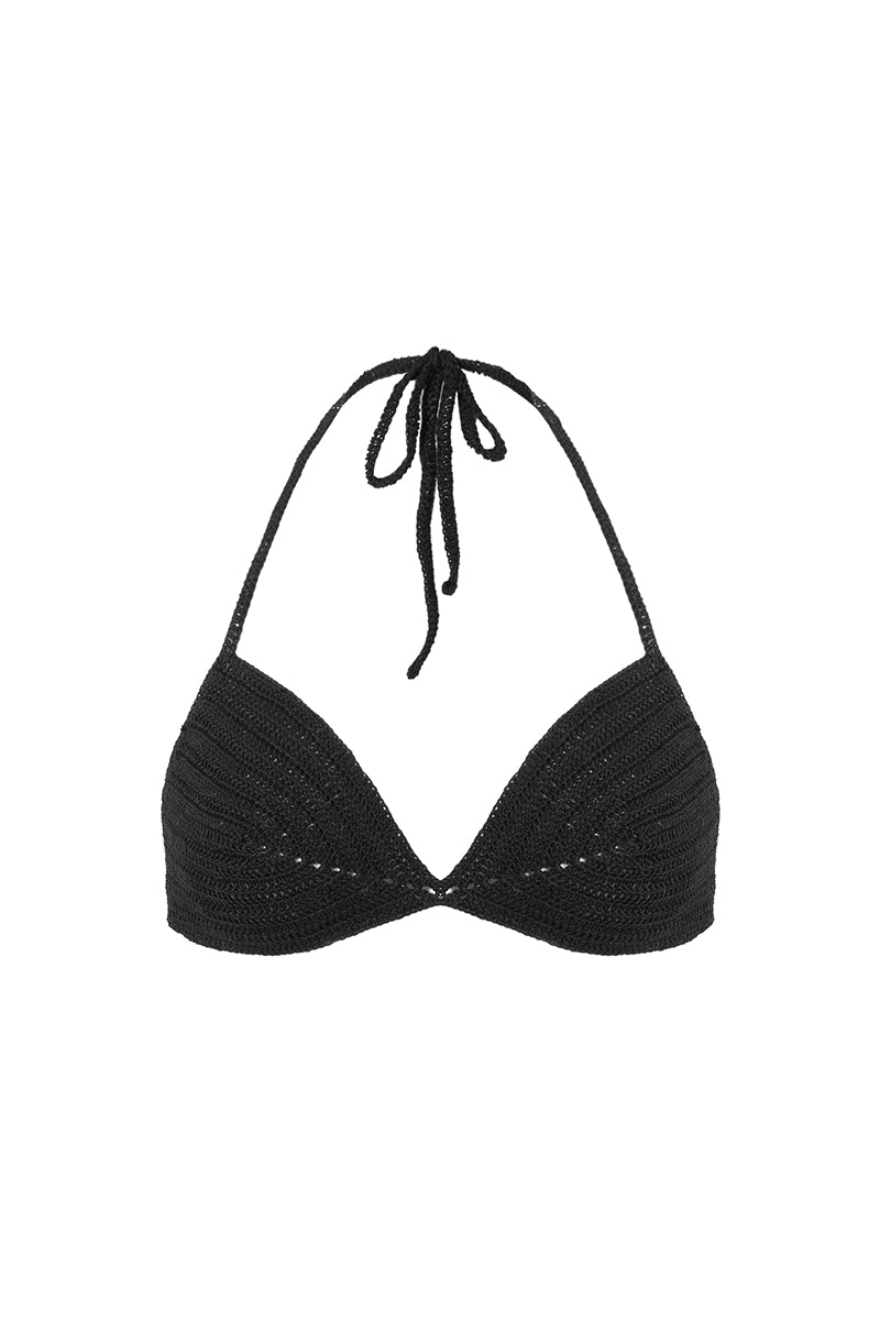 Stanik od bikini Franka K model Soleia w kolorze czarnym, ręcznie robiony w stylu boho, z trójkątnym krojem i ozdobnym wzorem szydełkowym.