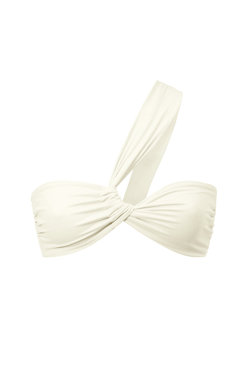 Top od bikini Franka K model Kirei w kolorze ecru, o asymetrycznym kroju.