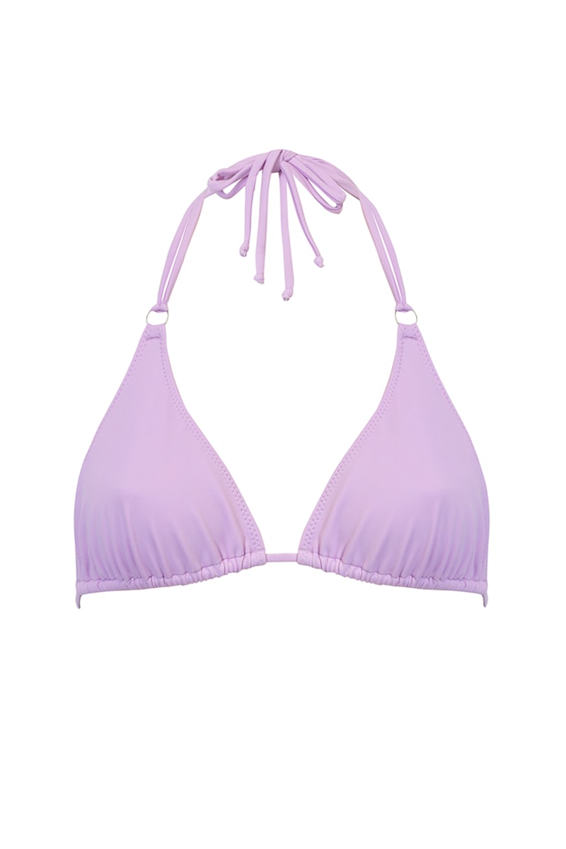 Dwuczęściowy strój kąpielowy Franka K model Maui w kolorze liliowym, z klasyczną, trójkątną górą i wiązanym po bokach dołem