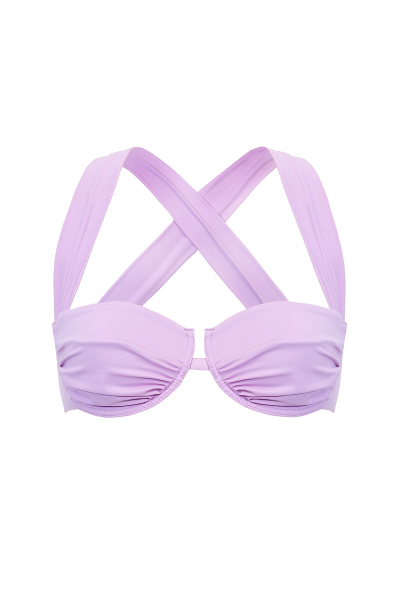 Liliowy, dwuczęściowy strój kąpielowy Franka K model Maura, z prążkowaną górą od bikini na fiszbinach i dołem z wysokim stanem