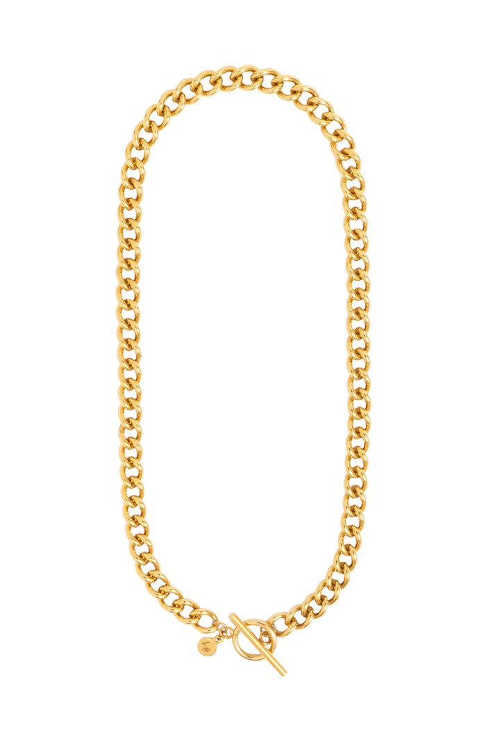 Naszyjnik Franka K model Gloria, typu pancerka, w złotym kolorze, z ozdobnym zapięciem typu toggle.