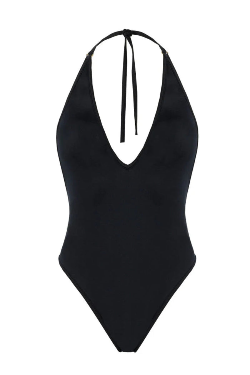 Jednoczęściowy strój kąpielowy Franka K model Ocean Black w kolorze czarnym, wiązany na szyi, idealny na plażę i basen.